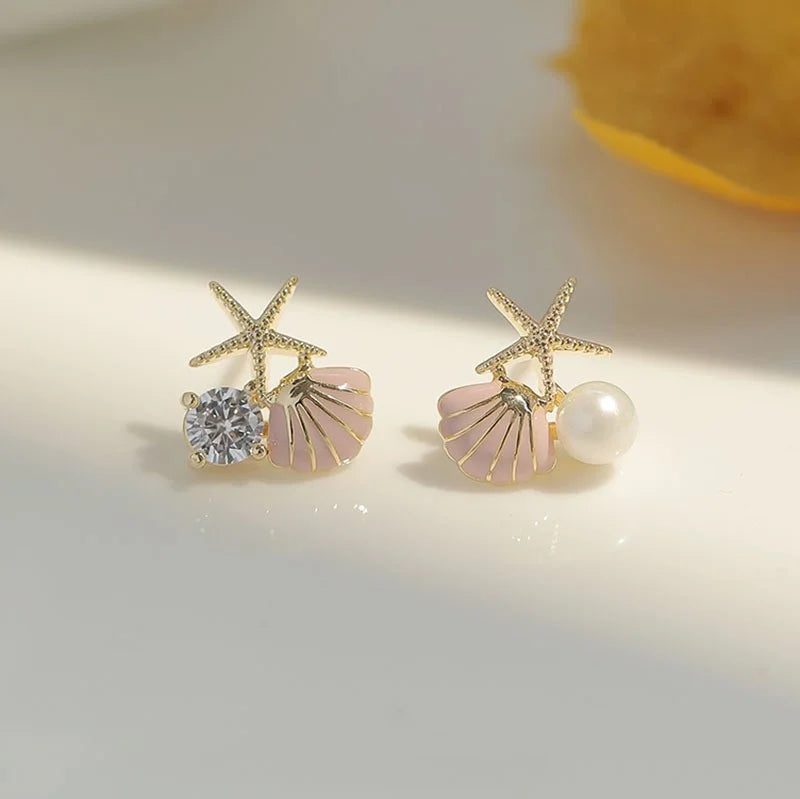 Fashion Asymmetric Ocean Style Earrings Stud For Women Starfish Shell Earring Ear Ring Imitation Pearl Zircon Jewelry Gift