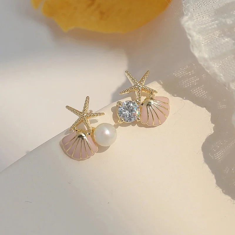 Fashion Asymmetric Ocean Style Earrings Stud For Women Starfish Shell Earring Ear Ring Imitation Pearl Zircon Jewelry Gift