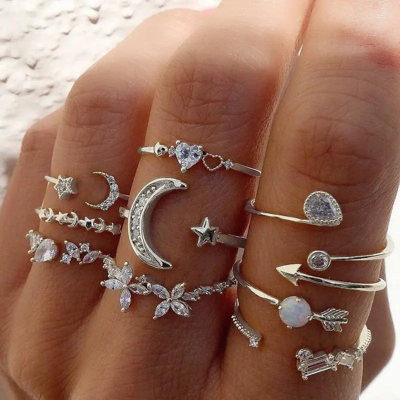 Boho Gold Color Heart Rings Set For Women Cubic Zirconia Star Moon Arrow Flower Finger Rings Female Trendy Jewelry Gifts