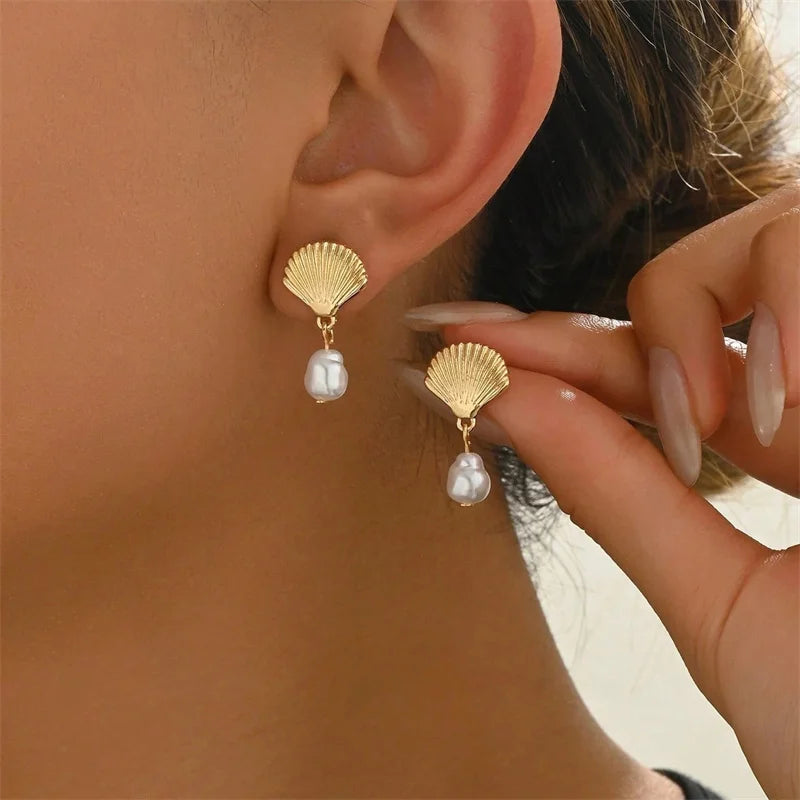 Fashion Asymmetric Ocean Style Earrings Stud For Women Starfish Shell Earring Ear Ring Imitation Pearl Zircon Jewelry Gift