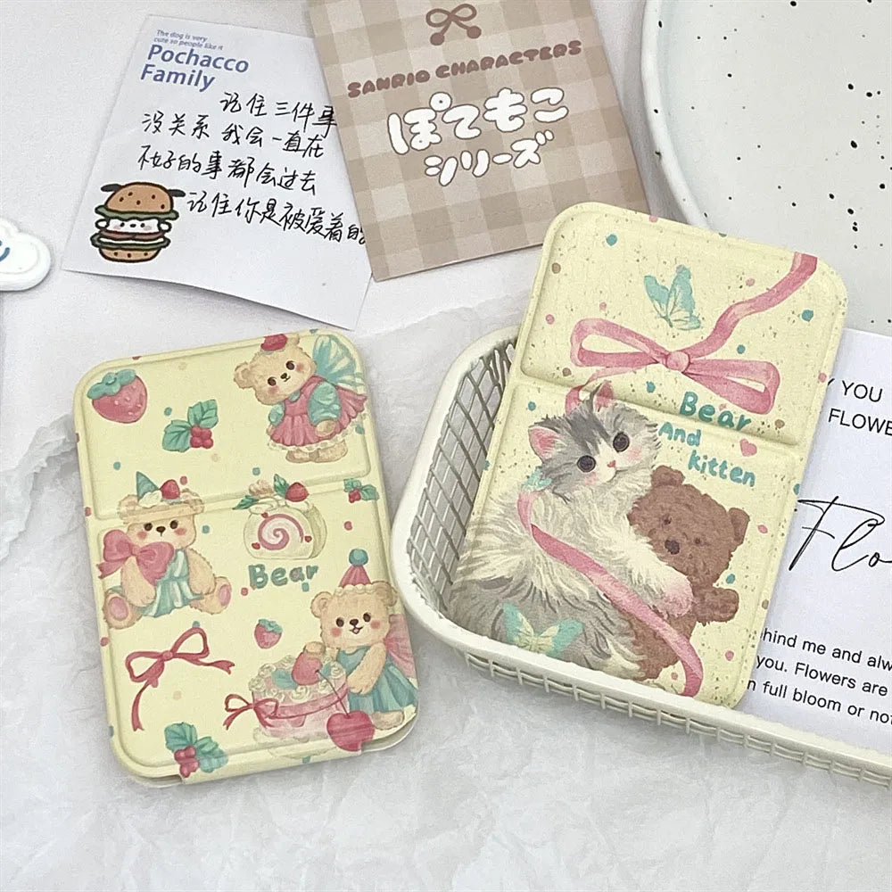Portable Foldable Makeup Mirror PU Leather Handheld Mirrors Cute Bow Bunny Cat Bear Mini Pocket Girls Student Cosmetic Mirror
