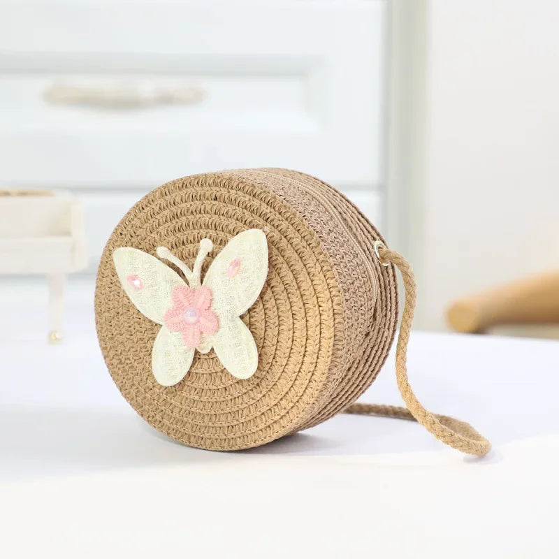 Fashion Round Woven Bow Girls Crossbody Bag Simple Baby Kids Beach Purse Clutch Casual Straw Flower Children's Shoulder Bags