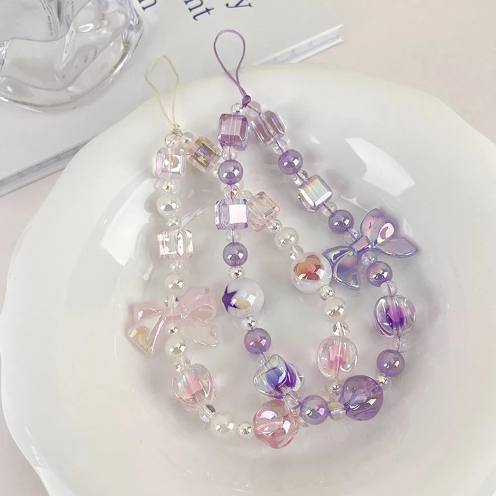 New Sweet Bow Cell Phone Chain Cute Beaded Sweet Bag Hangings Bow Anti-loss Anti-loss Lanyard Jewelry Women