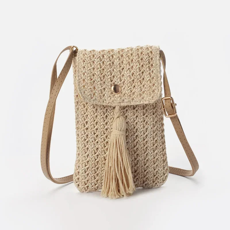 Women Straw Beach Bag Holiday Mobile Phone Shouder Bag Summer Tassel Mini Crossbody Bag for Lady Gril Travel Bohemian Style