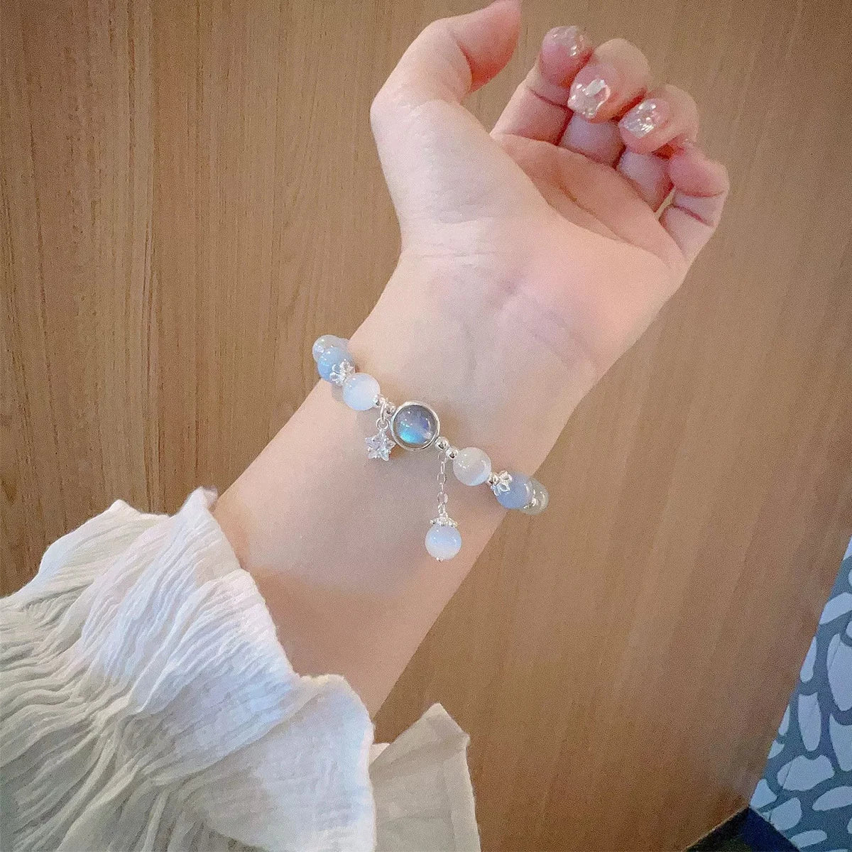 Unique Dreamy Blue Moonstone Cat Eye Pendant Crystal Bead Bracelet Party Jewelry Gift For Women