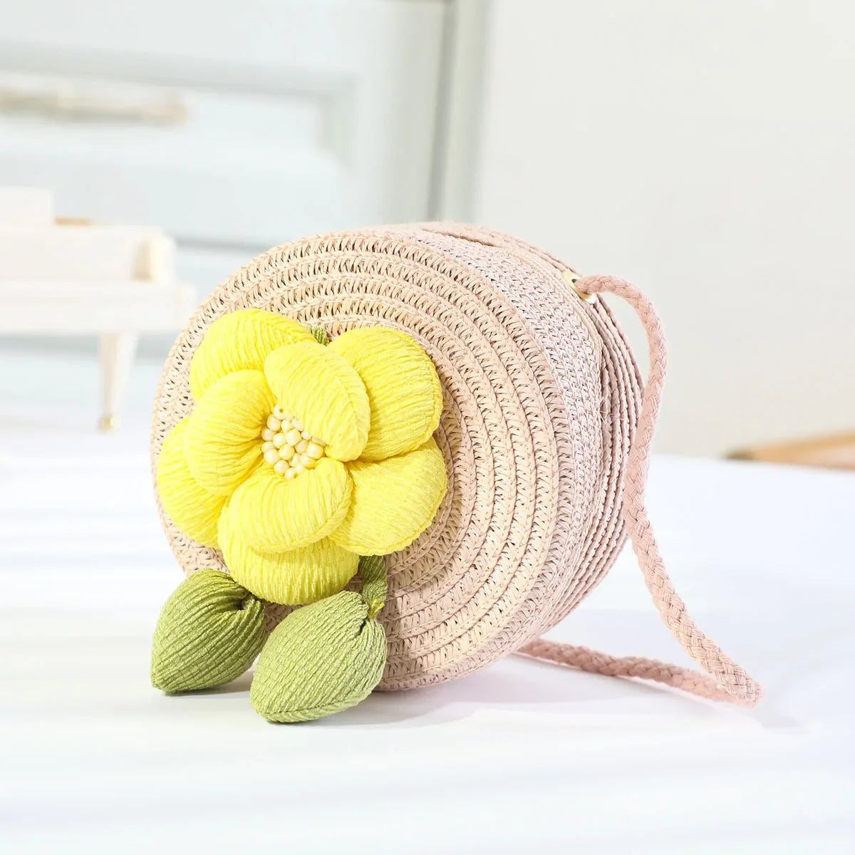 Fashion Round Woven Bow Girls Crossbody Bag Simple Baby Kids Beach Purse Clutch Casual Straw Flower Children's Shoulder Bags