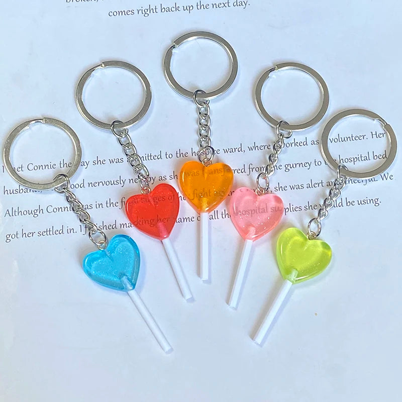 1Pcs/3Pcs Sequin Heart Lollipop Candy Keychains New Colorful Kawaii Creative Funny 3D Food Pendant Bag Box Car Key Ring Jewelry