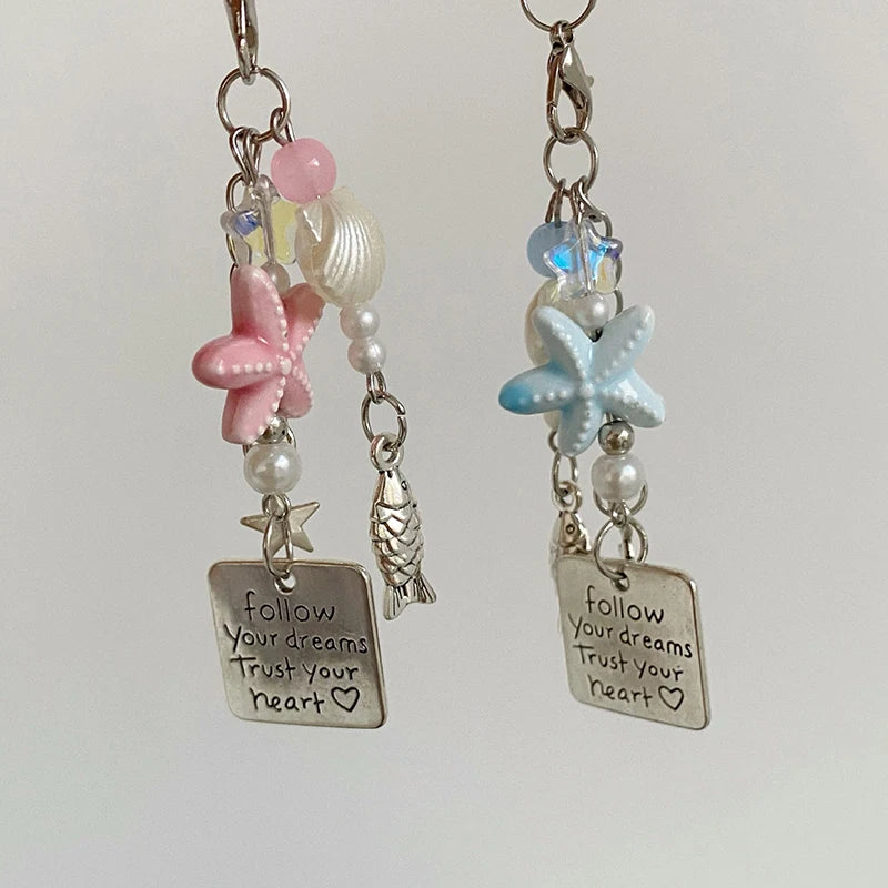 Summer Starfish Fish Phone Chain Y2K Sweet Beaded Mobile Phone Lanyard Keychain Girly Cute Ins Phone Charm Pendant
