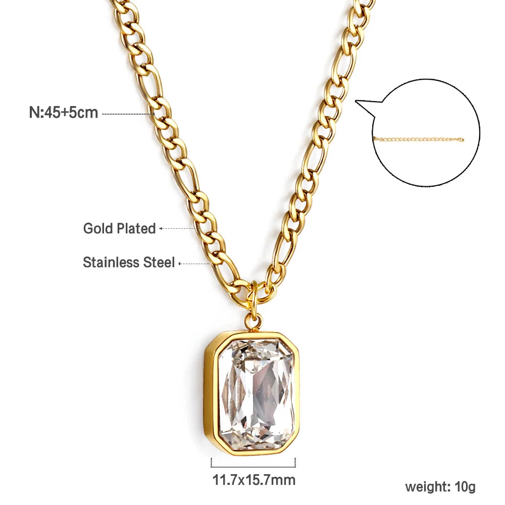 LUXUSTEEL Retro Colorful Square Crystal Pendant Necklace For Women Stainless Steel Figaro Chain Green White Red CZ Wedding Gift