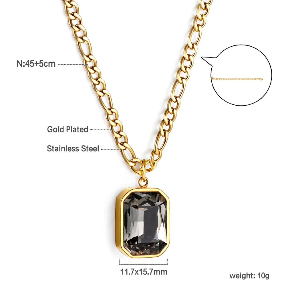 LUXUSTEEL Retro Colorful Square Crystal Pendant Necklace For Women Stainless Steel Figaro Chain Green White Red CZ Wedding Gift