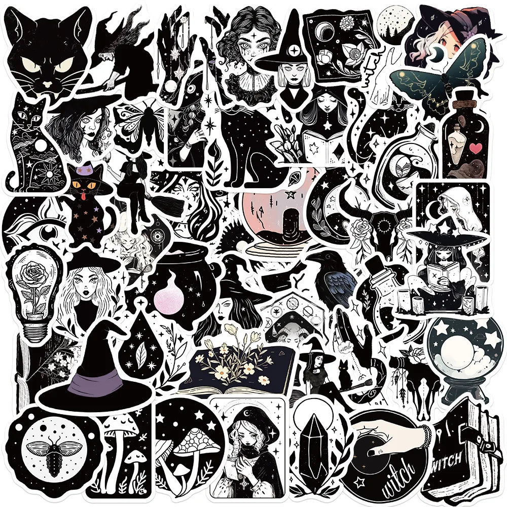 10/30/50PCS Black White Magic Witch Cartoon Sticker DIY Phone Laptop Luggage Skateboard Graffiti Decals Fun for Kid Toy