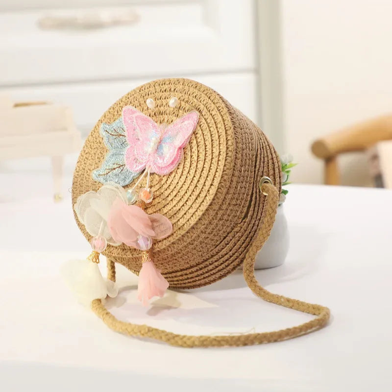 Fashion Round Woven Bow Girls Crossbody Bag Simple Baby Kids Beach Purse Clutch Casual Straw Flower Children's Shoulder Bags