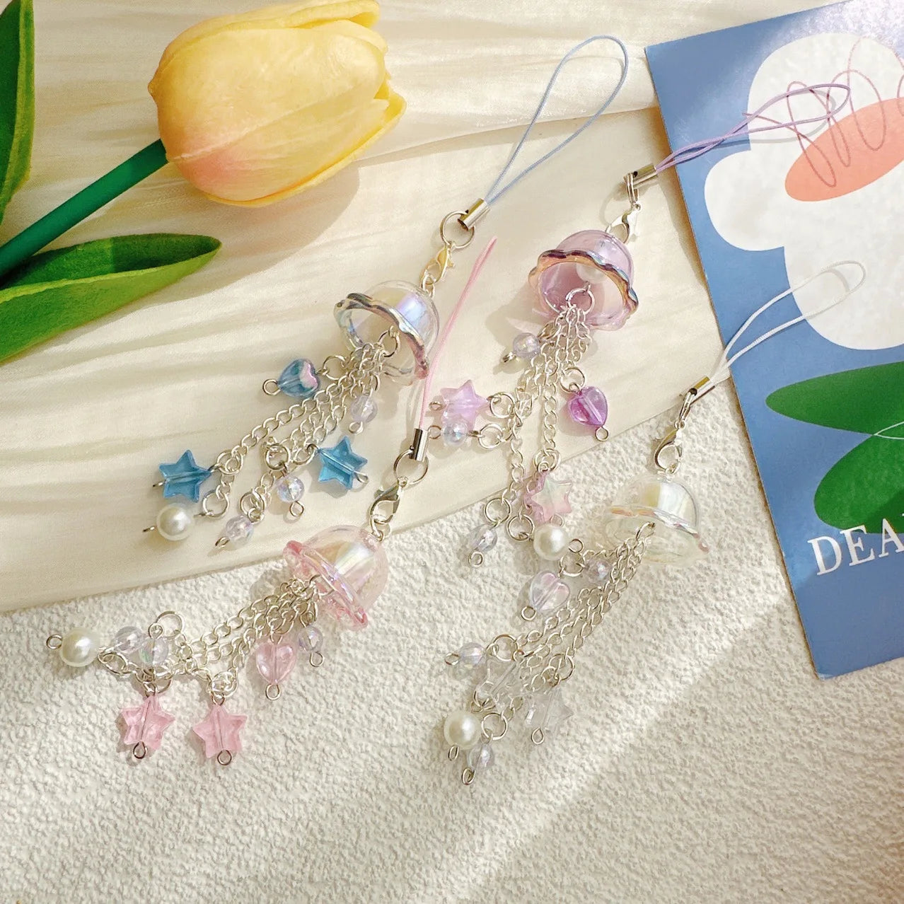 Phone Charm Strap Jellyfish Wind Chime Lily Flower Pendant Keychain Cute Key Phone Lanyard Women Girl Bag Ornament