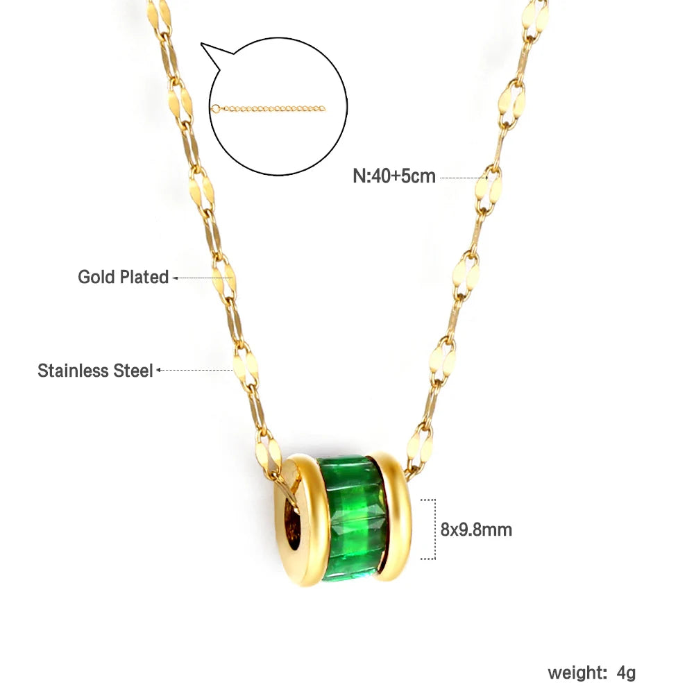 LUXUSTEEL Retro Colorful Square Crystal Pendant Necklace For Women Stainless Steel Figaro Chain Green White Red CZ Wedding Gift