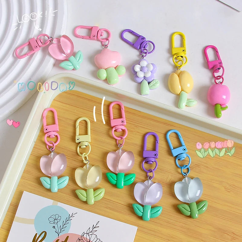 Resin Tulip Keychain Pendant Flower Girl Heart Cute Bag Ornament Headphone Key Case Decoration