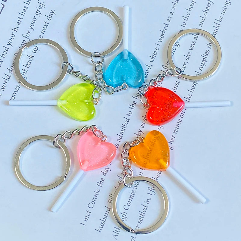 1Pcs/3Pcs Sequin Heart Lollipop Candy Keychains New Colorful Kawaii Creative Funny 3D Food Pendant Bag Box Car Key Ring Jewelry