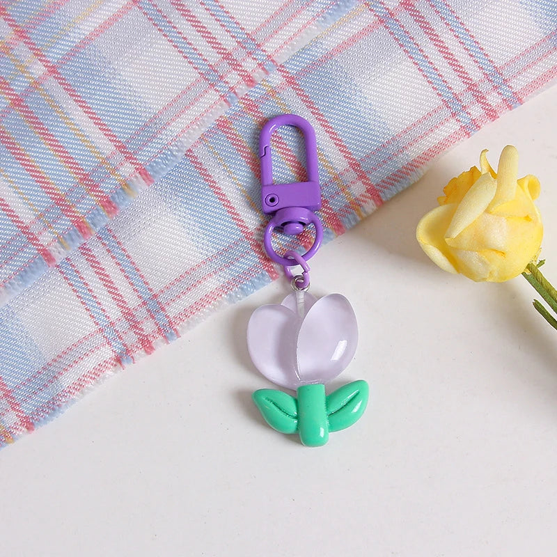 Resin Tulip Keychain Pendant Flower Girl Heart Cute Bag Ornament Headphone Key Case Decoration