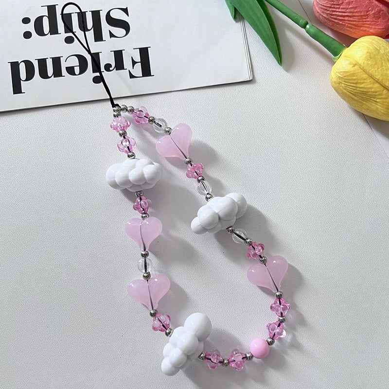 Y2K Korean Love Heart Phone Chains Girls Mobile Phone Charm Strap Sweet Cloud Pendant Phone Case Hanging Lanyard Accessories