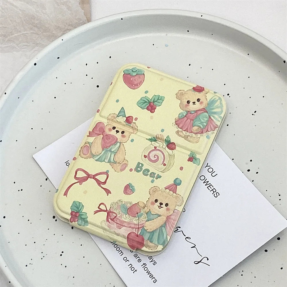 Portable Foldable Makeup Mirror PU Leather Handheld Mirrors Cute Bow Bunny Cat Bear Mini Pocket Girls Student Cosmetic Mirror