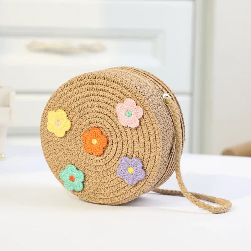 Fashion Round Woven Bow Girls Crossbody Bag Simple Baby Kids Beach Purse Clutch Casual Straw Flower Children's Shoulder Bags