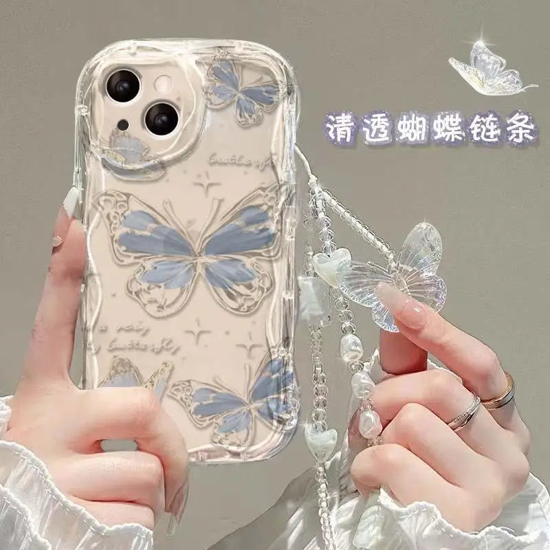 Korean Butterfly Bracelet Chain Case For iPhone 16 15 12 11 Pro Max 14 Plus 13 Mini 16E X XS XR 7 8 Plus SE Funda With Lanyard