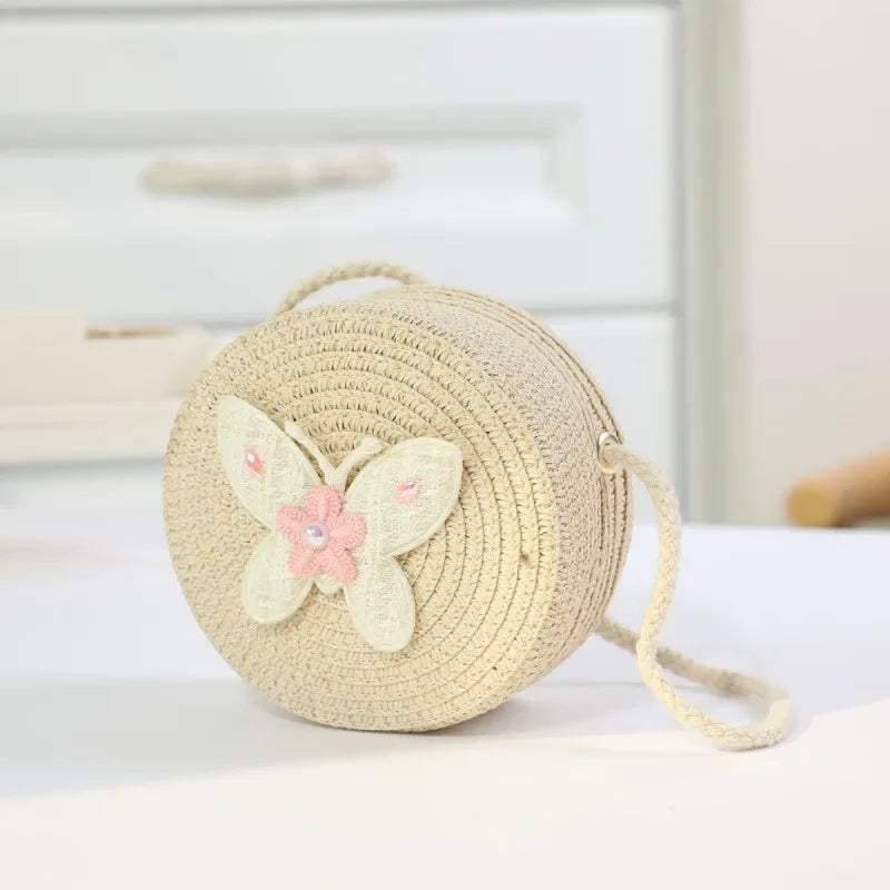 Fashion Round Woven Bow Girls Crossbody Bag Simple Baby Kids Beach Purse Clutch Casual Straw Flower Children's Shoulder Bags