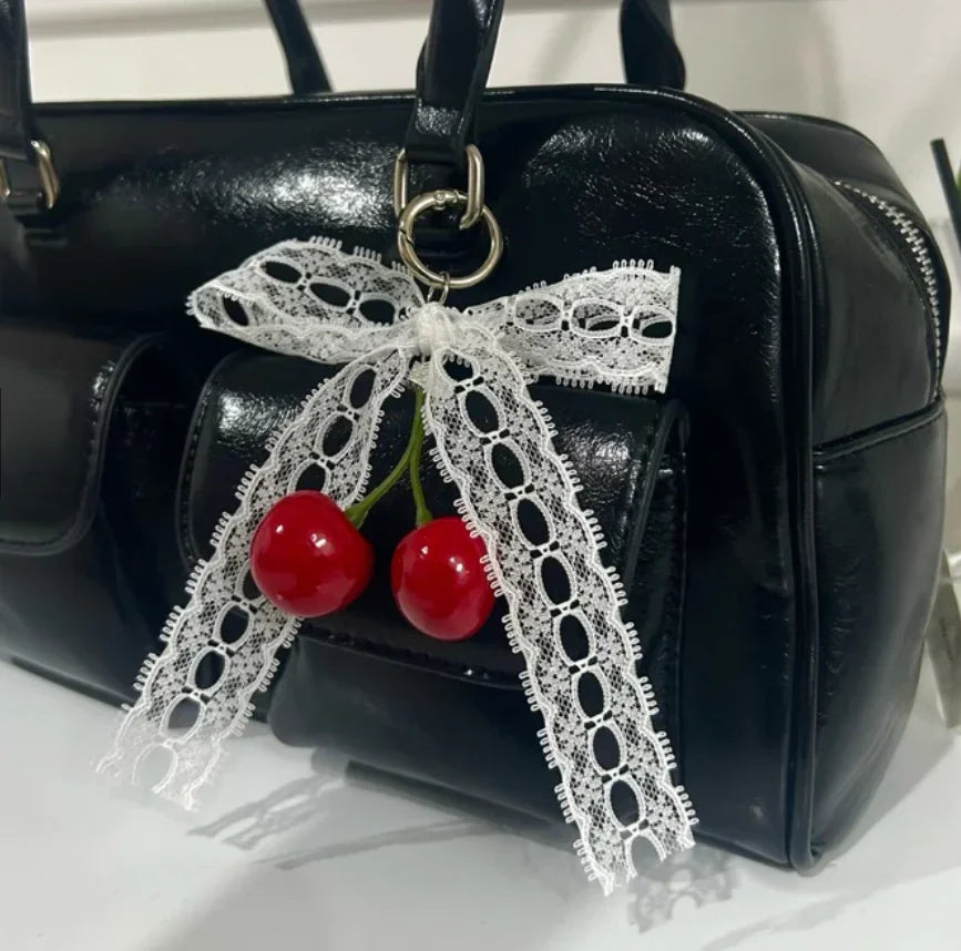 Fashion Pearl Bowknot Keychain Phone Lanyard Pendant Hanging Accessories Sweet Cherry Keyring Charm Jewelry For Girl Women Gift