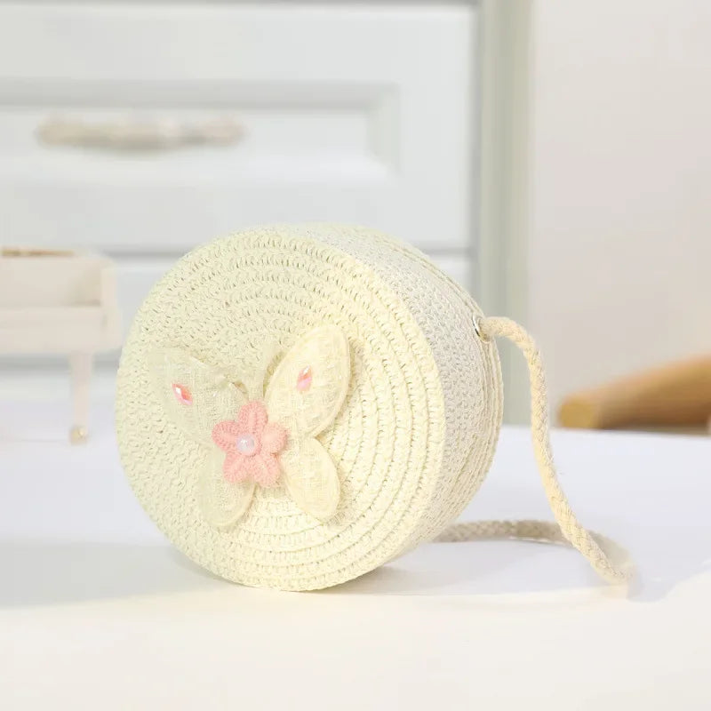 Fashion Round Woven Bow Girls Crossbody Bag Simple Baby Kids Beach Purse Clutch Casual Straw Flower Children's Shoulder Bags
