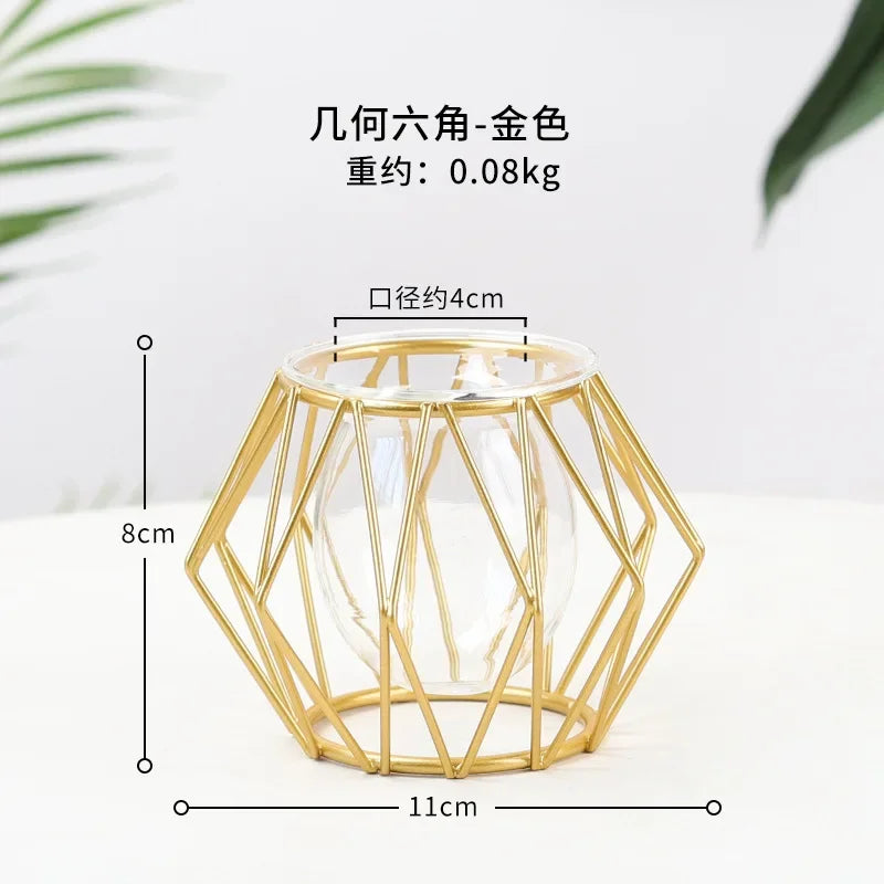 Nordic Golden Glass Vase Plant Stand Glass Container Geometric Home Decor Modern Metal Vase Hydroponic Plant Flowers Wire Vase