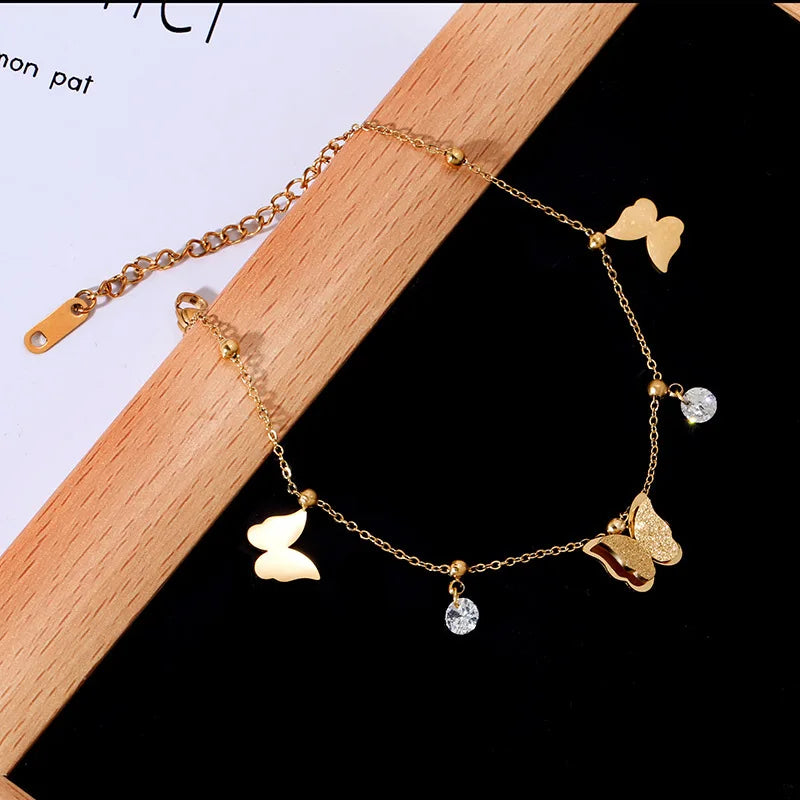 OIMG 316L Stainless Steel Gold Plated Not Fade Korean Sweet Frosting Butterfly Anklet for Women Girl Foot Accessories Waterproof