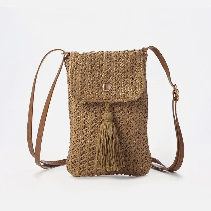 Women Straw Beach Bag Holiday Mobile Phone Shouder Bag Summer Tassel Mini Crossbody Bag for Lady Gril Travel Bohemian Style