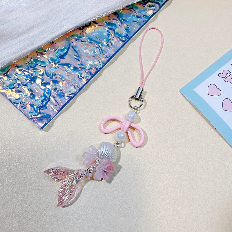 Acrylic Laser Bow Cherry Blossom Mermaid Mobile Phone Straps Phone Chain Pendant Universal Phone Keychain Backpack Decor