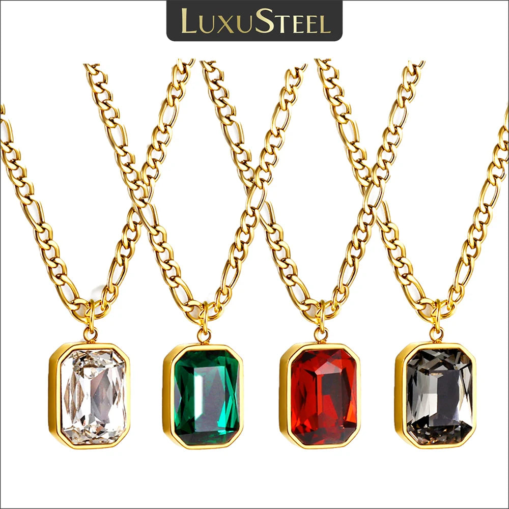 LUXUSTEEL Retro Colorful Square Crystal Pendant Necklace For Women Stainless Steel Figaro Chain Green White Red CZ Wedding Gift