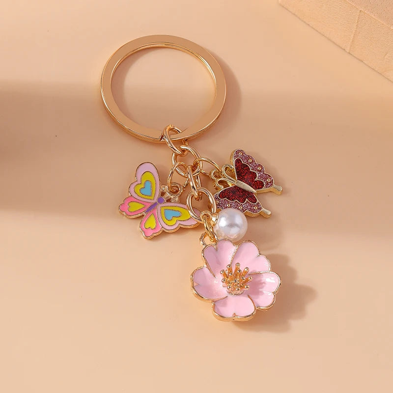 Cute Enamel Flower Keychain Butterfly Key Rings Pendants for Key Holder Women Girls Handbag Decor DIY Jewelry Gifts