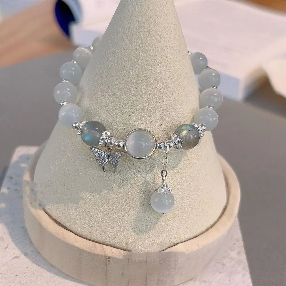 Women Bracelet Imitation Opal Butterfly Pendant Elastic Bead Chain Bracelet Lady Birthday Gift Exquisite Wrist Bracelet Jewelry