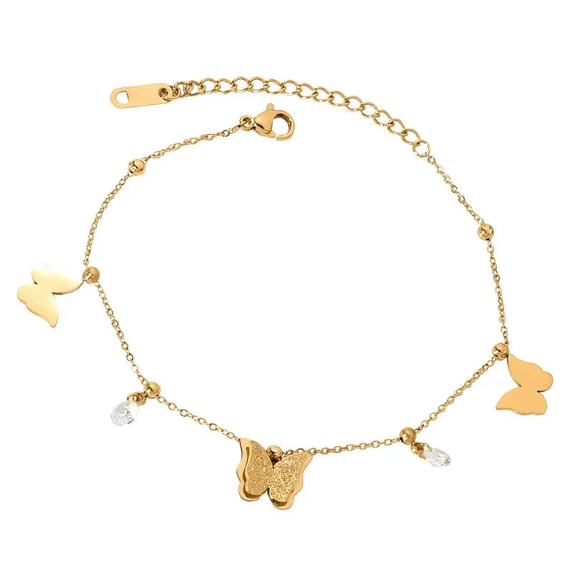 OIMG 316L Stainless Steel Gold Plated Not Fade Korean Sweet Frosting Butterfly Anklet for Women Girl Foot Accessories Waterproof