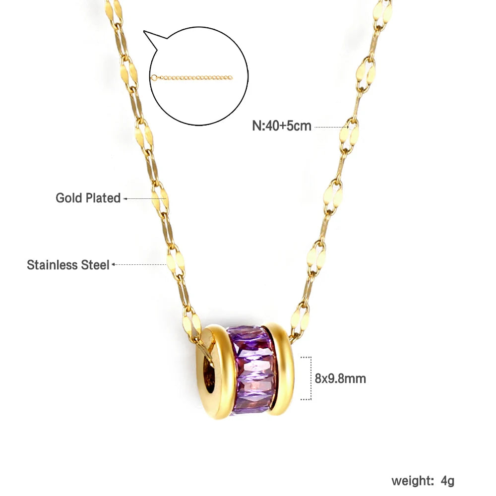 LUXUSTEEL Retro Colorful Square Crystal Pendant Necklace For Women Stainless Steel Figaro Chain Green White Red CZ Wedding Gift