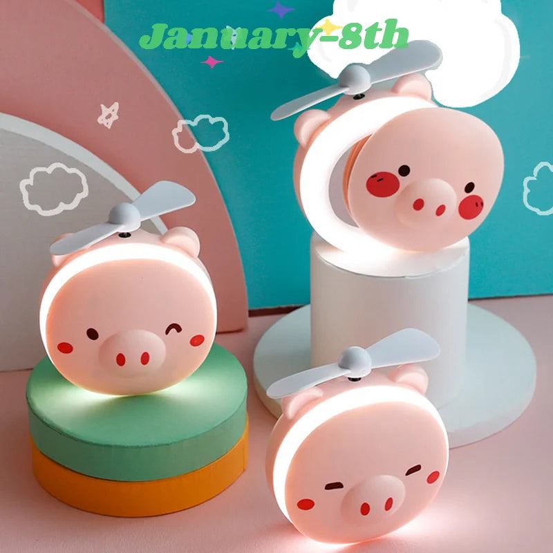 Cute Piggy Makeup Mirror With Led Light Handheld Cosmetic Mirror With Small Fan Girls Travel Portable Vanity Mirror HD Mirror