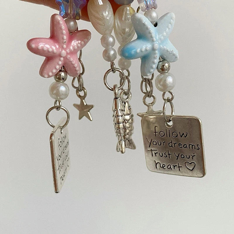 Summer Starfish Fish Phone Chain Y2K Sweet Beaded Mobile Phone Lanyard Keychain Girly Cute Ins Phone Charm Pendant