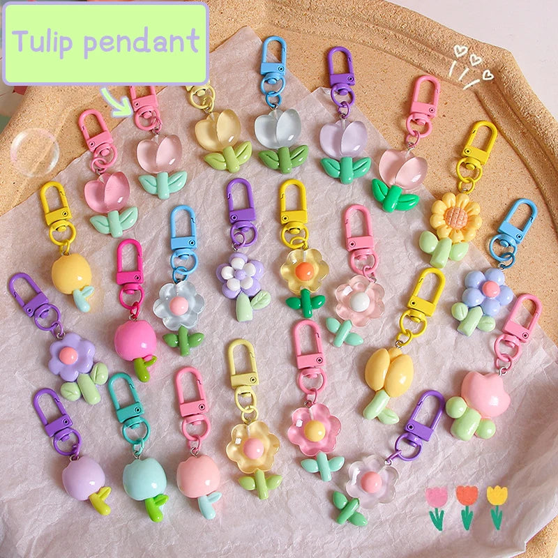 Resin Tulip Keychain Pendant Flower Girl Heart Cute Bag Ornament Headphone Key Case Decoration