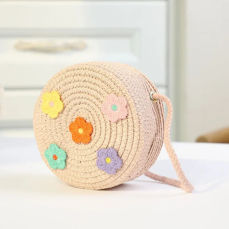Fashion Round Woven Bow Girls Crossbody Bag Simple Baby Kids Beach Purse Clutch Casual Straw Flower Children's Shoulder Bags