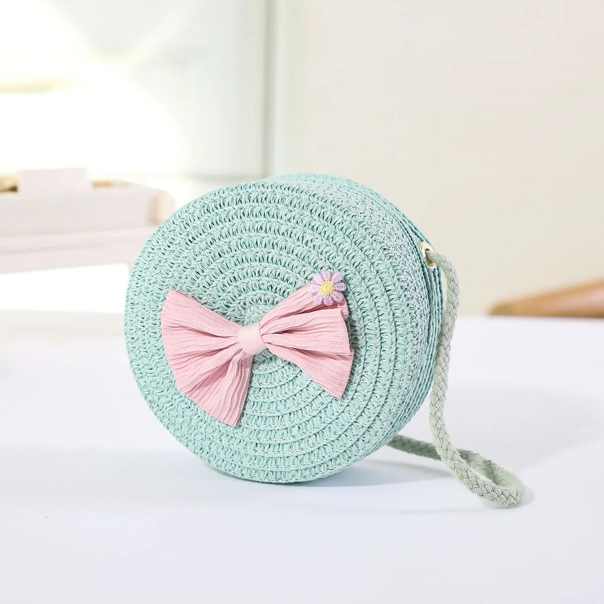 Fashion Round Woven Bow Girls Crossbody Bag Simple Baby Kids Beach Purse Clutch Casual Straw Flower Children's Shoulder Bags
