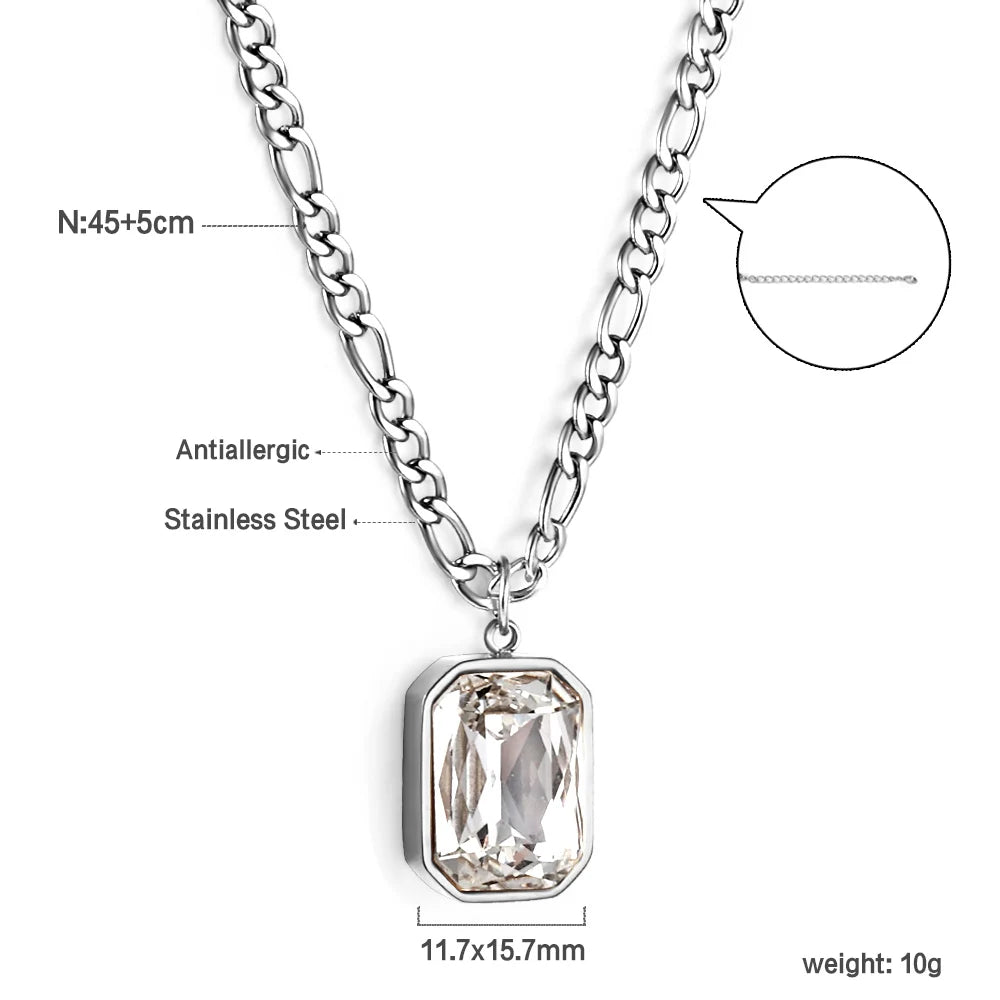 LUXUSTEEL Retro Colorful Square Crystal Pendant Necklace For Women Stainless Steel Figaro Chain Green White Red CZ Wedding Gift