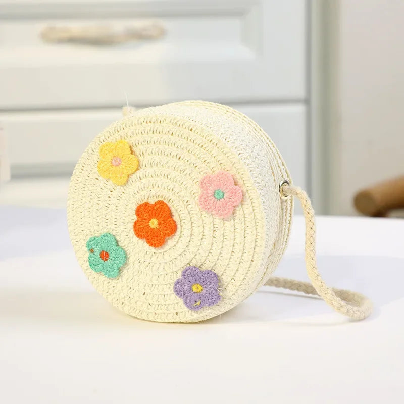 Fashion Round Woven Bow Girls Crossbody Bag Simple Baby Kids Beach Purse Clutch Casual Straw Flower Children's Shoulder Bags