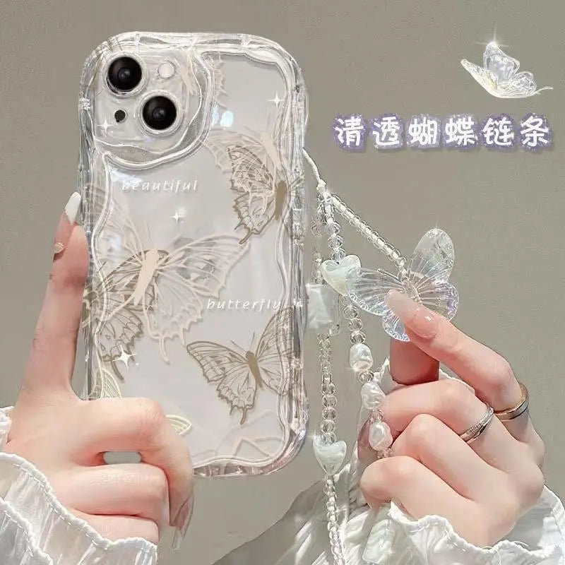 Korean Butterfly Bracelet Chain Case For iPhone 16 15 12 11 Pro Max 14 Plus 13 Mini 16E X XS XR 7 8 Plus SE Funda With Lanyard