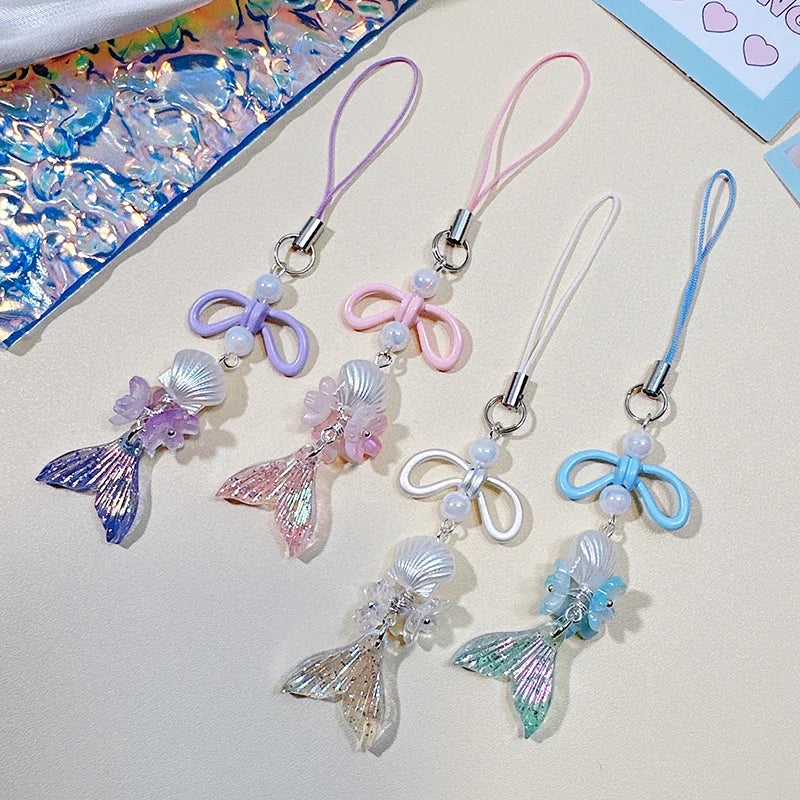Acrylic Laser Bow Cherry Blossom Mermaid Mobile Phone Straps Phone Chain Pendant Universal Phone Keychain Backpack Decor