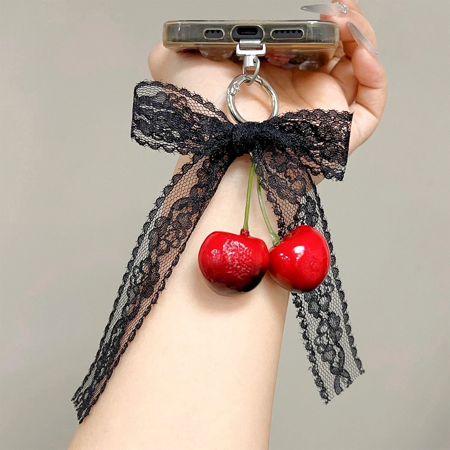 Fashion Pearl Bowknot Keychain Phone Lanyard Pendant Hanging Accessories Sweet Cherry Keyring Charm Jewelry For Girl Women Gift
