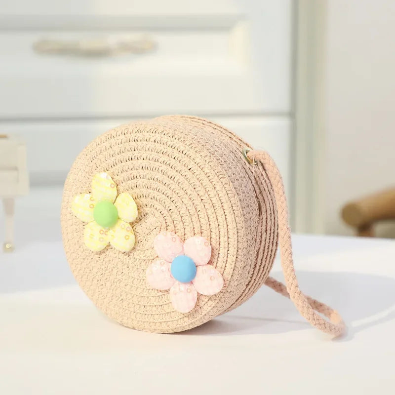 Fashion Round Woven Bow Girls Crossbody Bag Simple Baby Kids Beach Purse Clutch Casual Straw Flower Children's Shoulder Bags