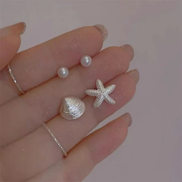 Fashion Asymmetric Ocean Style Earrings Stud For Women Starfish Shell Earring Ear Ring Imitation Pearl Zircon Jewelry Gift