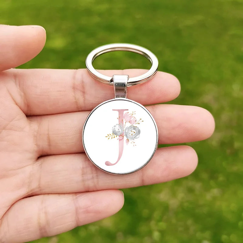 26 Letter Keychain Wholesale Creative Flower Alphabet ABCD Name Design Glass Cabochon Key Chain Christmas Gift for Friends